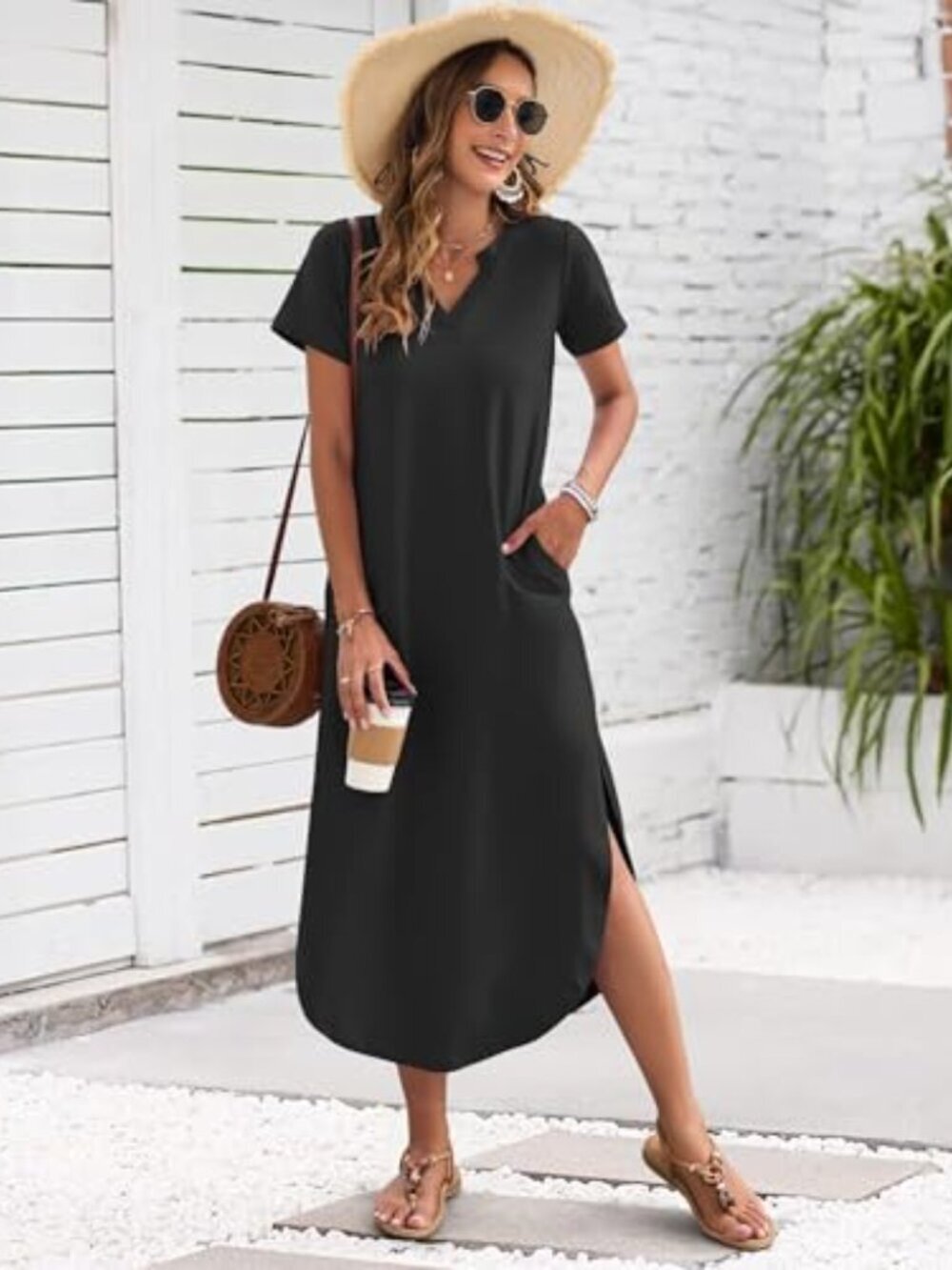 🆕 Women's Summer Maxi Dress Short Sleeves Casual V Neck Sundress Loose Fit - Picture 3 of 4